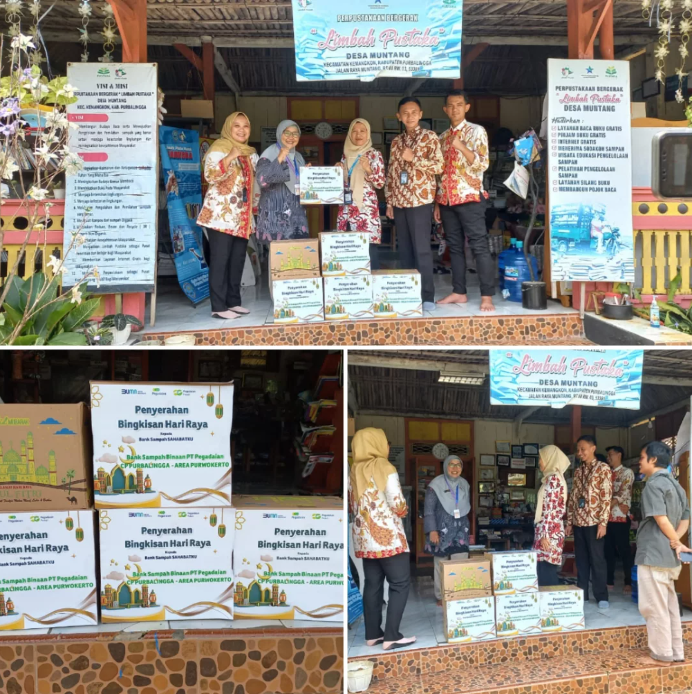 Apresiasi Kinerja Relawan, PT Pegadaean Area Purwokerto Salurkan Bantuan Sembako untuk Bank Sampah Sahabatku Desa Muntang