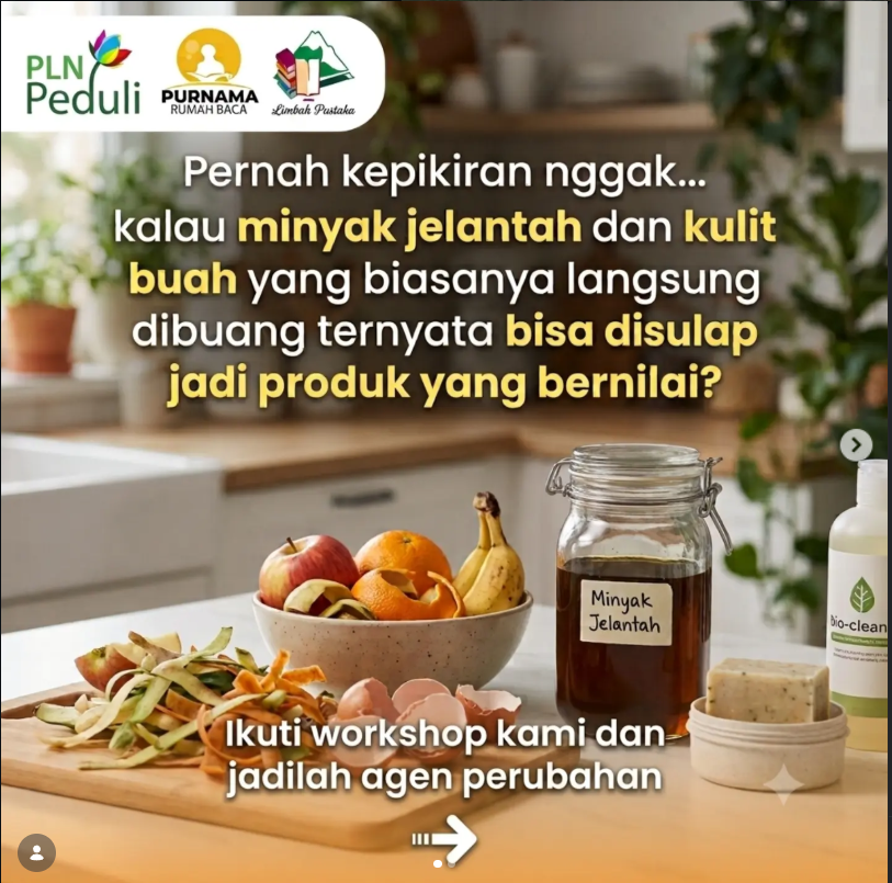 Rumah Baca Purnama dan PLN Peduli Gelar Pelatihan Olah Minyak Jelantah dan Kulit Buah Bersama Limbah Pustaka