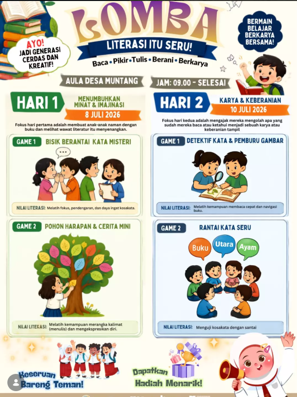 Lomba Literasi “Literasi Itu Seru!” Ajak Anak Desa Muntang Bermain, Belajar, dan Berani Berkarya